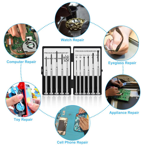 11 Piece Tiny Precision Screwdriver Set With Slotted And Phillips Heads Micro Screwdrivers For Watch Eyeglasses Electronics Computers Repair Magnetic Awl Included Ideal For Fine Assembly And Small Repairs, shown with applications like watch, eyeglass, appliance, toy, cell phone, and computer repair.