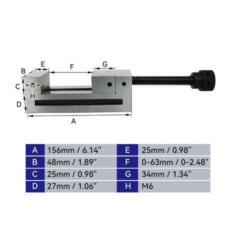 Dimensional diagram of Premium 2 Inch Toolmaker Vise for Precision Grinding with Hardened Surfaces and Superior Accuracy and Versatility