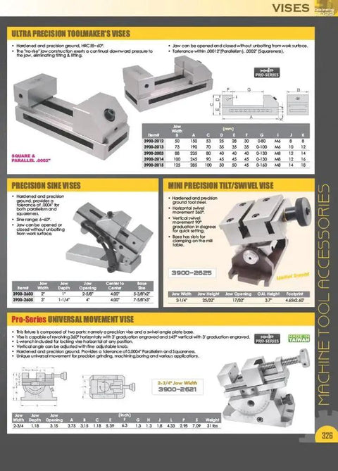 Toolmaker's Vise 4 Inch Workhorse For Precision Milling And Fabrication With Hardened 52-58 HRC Surfaces Ground For True Square And Parallel Alignment To 0.0002 Inch Replaceable Jaws Ground V Way Clamping Slots HHIP 3900-0068 product features and specifications sheet