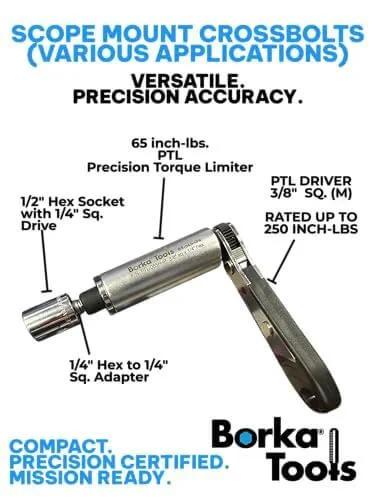 Precision Torque Limiter Kit 65 in-lb with ratchet, hex socket, and adapter, for professional assembly and mounting.