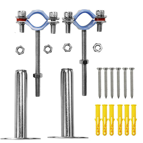 AKIHISA 2-pack 304 stainless steel pipe supports with blue mounting clamps, wall/ceiling, adjustable 100–200mm