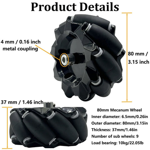 Premium Mecanum Wheel 80mm Omni Wheel with 4Pcs 4mm Metal Coupling for AGV Smart Robot Car Chassis, front and side view details
