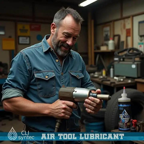 Mechanic using Premium Pro Grade Air Tool Lubricant for pneumatic tools in industrial setting, 4 oz bottle by CLIsyntec visible in workshop.