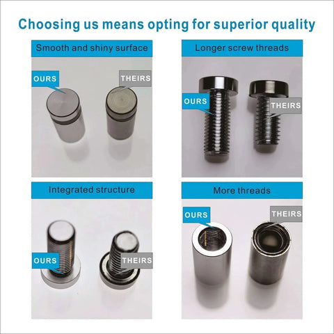 Comparison of aluminum standoff screws showing smooth surface, integrated structure, and longer threads, part of the Pack Of 4 Aluminum Standoff Screws For Wall Signs And Displays Glass Or Acrylic Frame Mounting Hardware In Black Finish Three Quarter Inch By Three Quarter Inch Professional Grade Durable Floating Mounting.