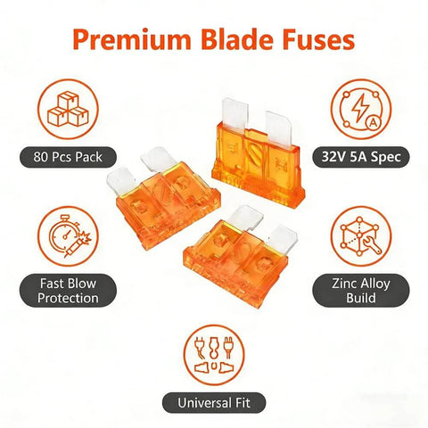 80 Piece 5 Amp Standard Blade Fuses Set For Cars RVs Trucks SUVs Motorcycles And Boats With 32 Volt Fast Acting Fuses, orange fuses