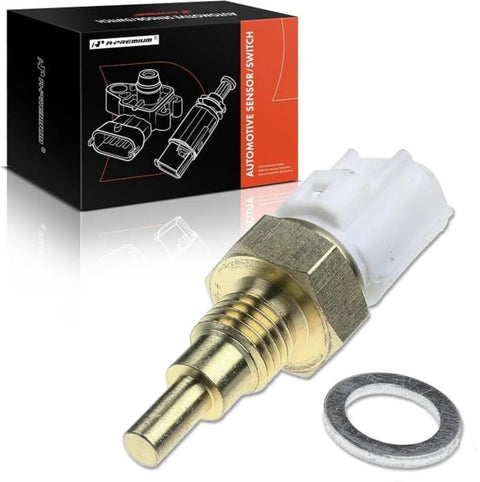 A-Premium coolant temperature sensor with brass tip, white plastic connector, and sealing washer beside its packaging box.