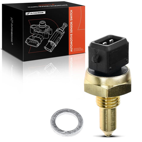 A-Premium coolant temperature sensor and washer; brass body with black 2-pin connector.