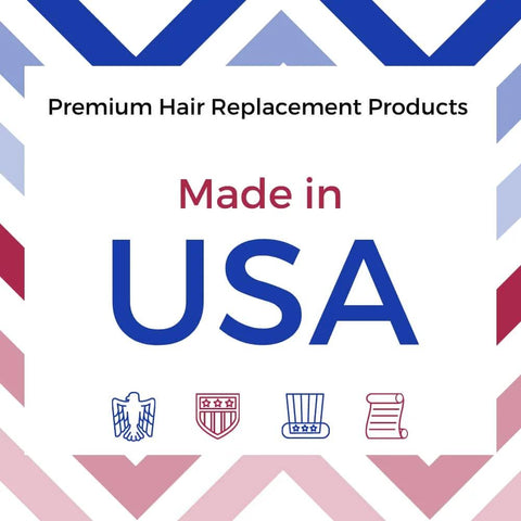 Label stating 'Premium Hair Replacement Products Made in USA' with patriotic symbols.
