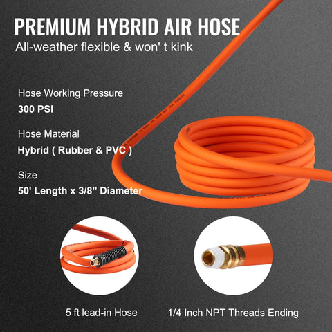 Retractable Air Hose Reel, 3/8 IN x 50 FT Hybrid Air Hose Max 300PSI, image showing orange hybrid air hose with specifications.