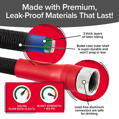 Pocket Hose 50 ft Silver Bullet 2.0 expandable garden hose with turbo nozzle, lead-free aluminum connectors