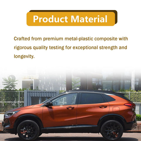 Orange SUV side view with black wheels parked outdoors under a “Product Material” banner.