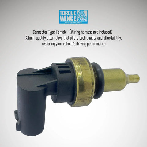 TorqueVance coolant temperature sensor with brass body and black plastic connector.