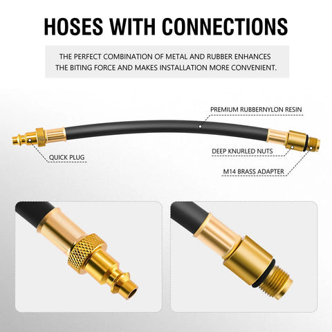 Automotive cylinder leak-down tester hose kit with black rubber hose and gold brass adapters (M14) and quick plug.