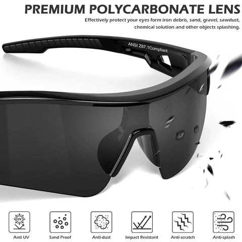 6 Pack Grey Safety Glasses for Men Women ANSI Z87.1 UV400 Anti Scratch Eyewear with polycarbonate lens and protection icons.