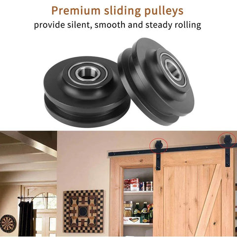 Premium sliding pulleys of 10 FT Double Sliding Barn Door Hardware Track Kit for Wood Slab Doors with J Shape Hanger in interior setting
