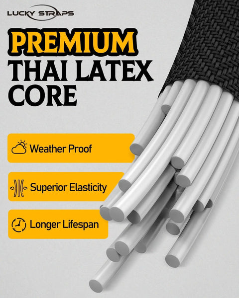 Illustration of premium Thai latex core with weatherproof, superior elasticity, and longer lifespan features for bungee cords.