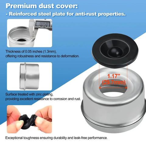 Premium dust cover for trailer axle bearing kit, 1.17 inch diameter, steel with zinc plating, anti-rust and durable.
