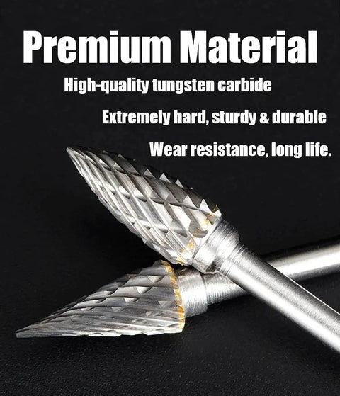 Close-up of Ten Piece Tungsten Carbide Double Cut Rotary Burr Set With One Eighth Inch Shank For Rotary Tools, highlighting durable material.
