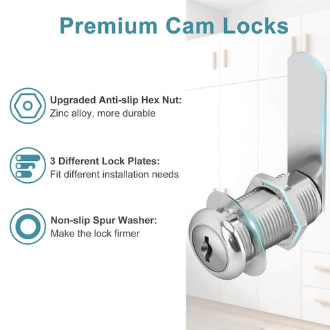 Keyed Alike Cam Locks One And A Half Inch Extra Long Cabinet Locks with two keys shown with installation components and zinc alloy material