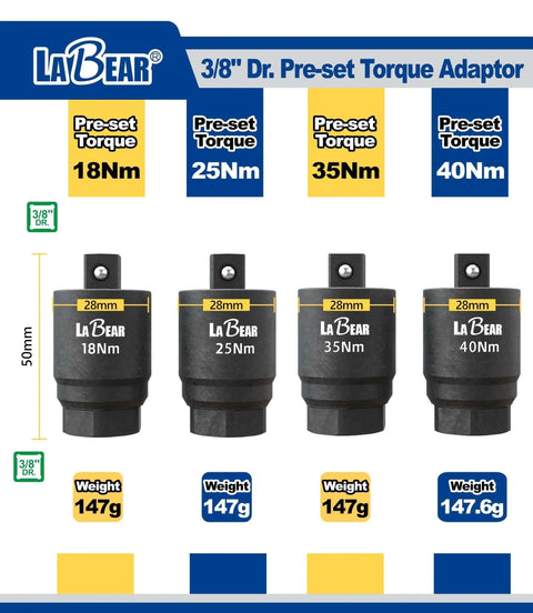 Set of four pre-set torque adapters with 3/8" drive, including a 35Nm Torque Limited Wrench, Manganese Phosphate for oil filter & spark plug.