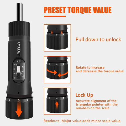 Diagram of 13Pcs Preset Torque Screwdriver with S2 Bits, 1/4” Drive Torque Wrench Screwdriver Set showing how to adjust torque value.