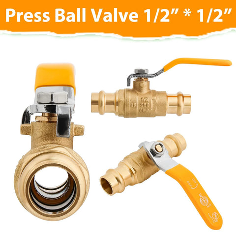 Brass 1/2-inch lead-free press ball valve set with orange lever handle and EPDM O-rings for copper tubing, 2-pack