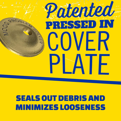 Patented cover plate for suspension ball joint to seal out debris and minimize looseness, shown with text highlights.