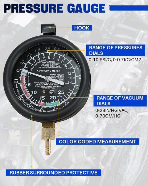 DASBET car vacuum and fuel pump tester gauge kit, front view with black housing, brass connector, and pressure and vacuum dials