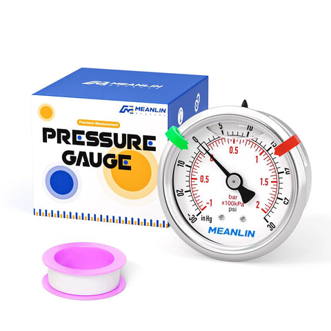 Pressure gauge by Meanlin, 2.5-inch dial, 1/8 in NPT, stainless steel liquid-filled case, boxed with pink accessory