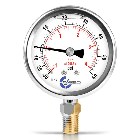 CARBO Instruments compound pressure gauge, 2.5 in dial, stainless steel case, brass wetted parts, 1/4 NPT lower mount.