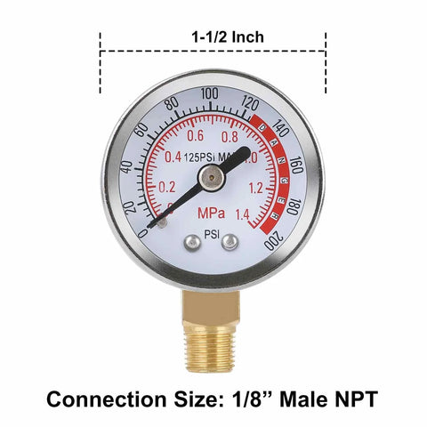Close-up of 0-200 psi gauge from the All in one Portable Air Tank Repair Kit, showing 1/8” male NPT connection