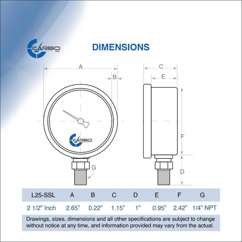 Carbo Instruments compound pressure gauge, 2.5 in dial, 1/4 NPT lower mount, stainless steel case, brass wetted parts