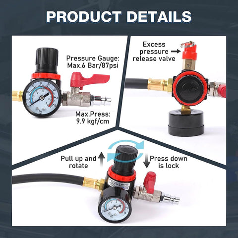 Angchun Turbo System Leakage Tester kit with pressure gauge, red release valve, 10-piece set and stepped adapters