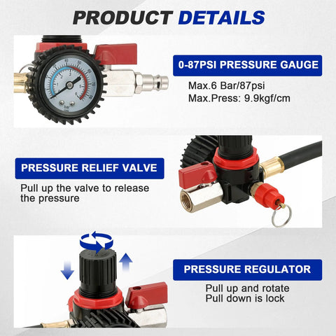 DASBET Turbo System Leakage Tester Kit with 0-87 PSI gauge, 4 adapters (1-3/8 to 3-1/2 in), relief valve and regulator