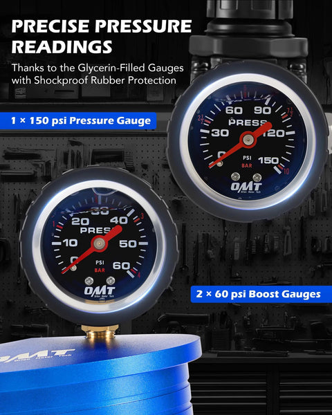 Orion Motor Tech CAC boost leak tester with 150 psi gauge and two 60 psi gauges on a blue tester canister