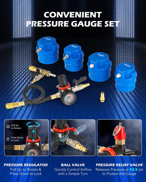 Orion Motor Tech Turbo Boost Leak Tester Kit with blue 6 stepped adapters (1.2–3.5 in) and pressure regulator gauge