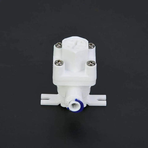 Pressure Reducing Valve For Reverse Osmosis Systems With One Quarter Inch Quick Fitting, front view, white plastic body