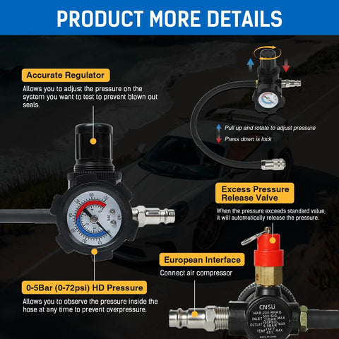 Turbo system leakage tester kit by Amazon; regulator with 0–5 Bar gauge and 8 adapters for turbo testing.