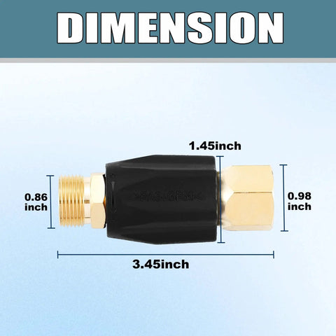 Adjustable Pressure Regulator For Pressure Washer With M22 Connector Up To 4000 PSI, dimensions detailed with black and brass components.