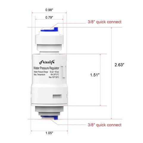 Leak Free 60 PSI Pressure Regulator Valve For Water Filtration And Reverse Osmosis Systems With 3/8 Inch Quick Connect Push Fit Protects Filter Housings Coffee Makers And Ice Makers From High Water Pressure Frizzlife PRV3 showing dimensions and quick connect fittings