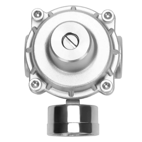 Top view of a Pressure Regulator Water Valve With Gauge For RV Garden And Air Systems Three Quarters Inch NPT Female Stainless Steel 304