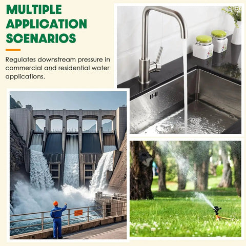 Collage showing water applications: faucet with running water, irrigation sprinkler, and dam, highlighting multiple uses.