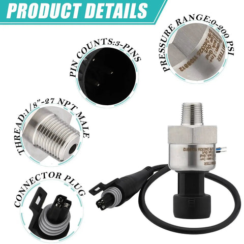 0-200 Psi Pressure Transducer Sensor With 1/8 Inch NPT 316 Stainless Steel Thread And Harness Connector For Oil Fuel Systems