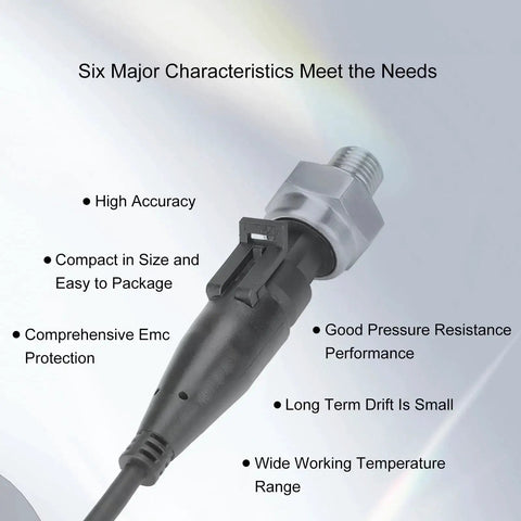 High Accuracy G1/4 stainless steel pressure transducer sensor for water gas oil, 0-80 PSI, 5V input, shown with six key features.