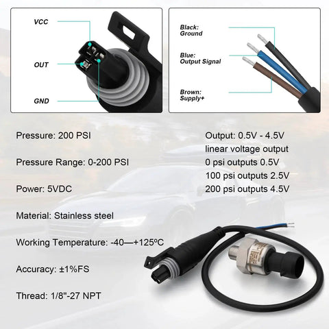 0-200 Psi Pressure Transducer Sensor With 1/8 Inch NPT 316 Stainless Steel Thread And Harness Connector, diagram details
