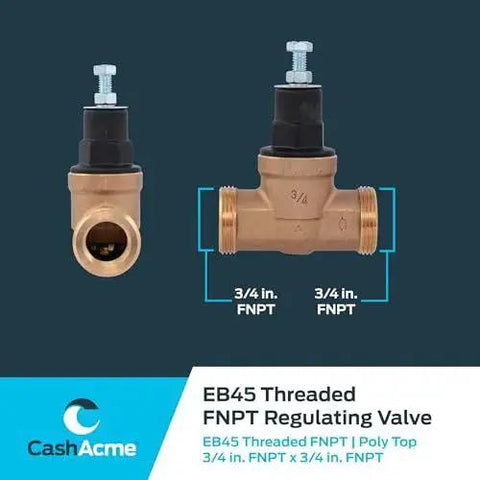 Front and side view of Cash Acme EB45 threaded FNPT regulating valve, 3/4 in NPT, with poly top for water systems at 60 PSI.