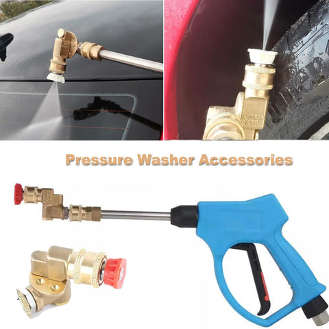 Lucstar pressure washer wand accessory with quick-connect pivoting coupler, brass fittings, and blue spray gun handle