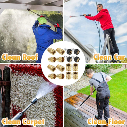 16-pack brass pressure washer adapters for garden hoses; includes M22 swivel to 1/2 in, 3/8 in quick-release, and plugs.