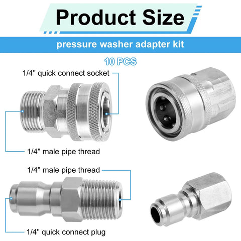Pressure washer quick-connect fittings set, 10-pack stainless steel, 1/4in male/female adapters for hose and pump