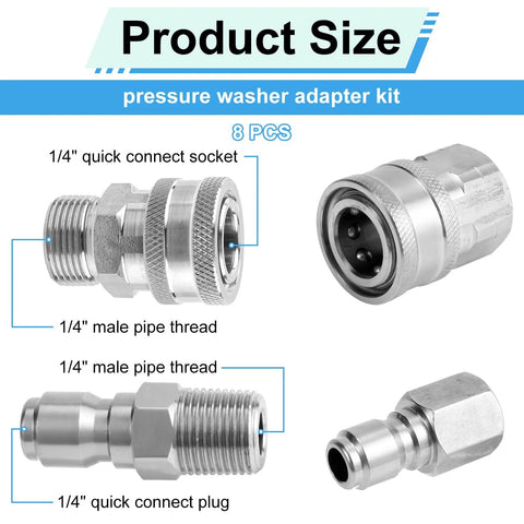 8-pack stainless steel pressure washer adapter kit with 1/4in quick-connect fittings